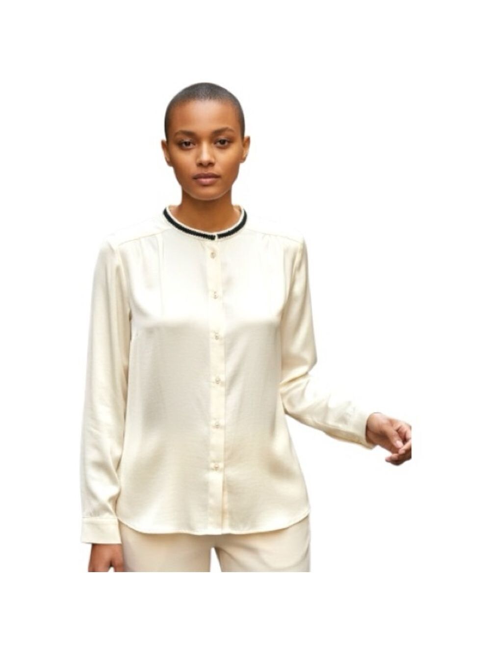 Cream Satin Button Up Shirt Sz 8 Classic Long Sleeve Black Embroidery Minimalist